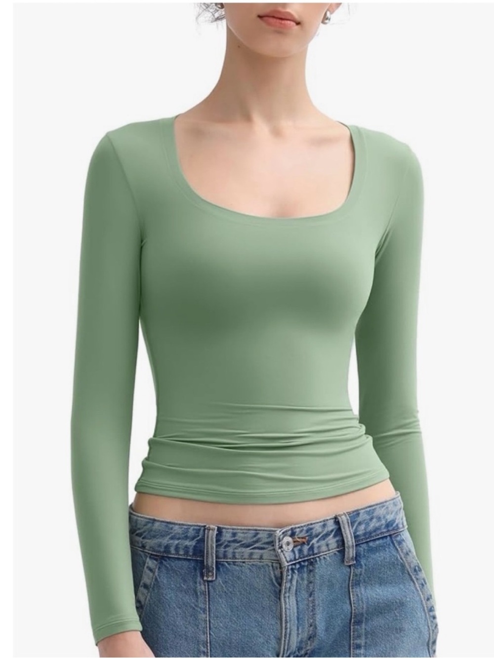 New Pumiey Double Lined Buttery Soft Scoop Neck Long Sleeve Top Green Size XS